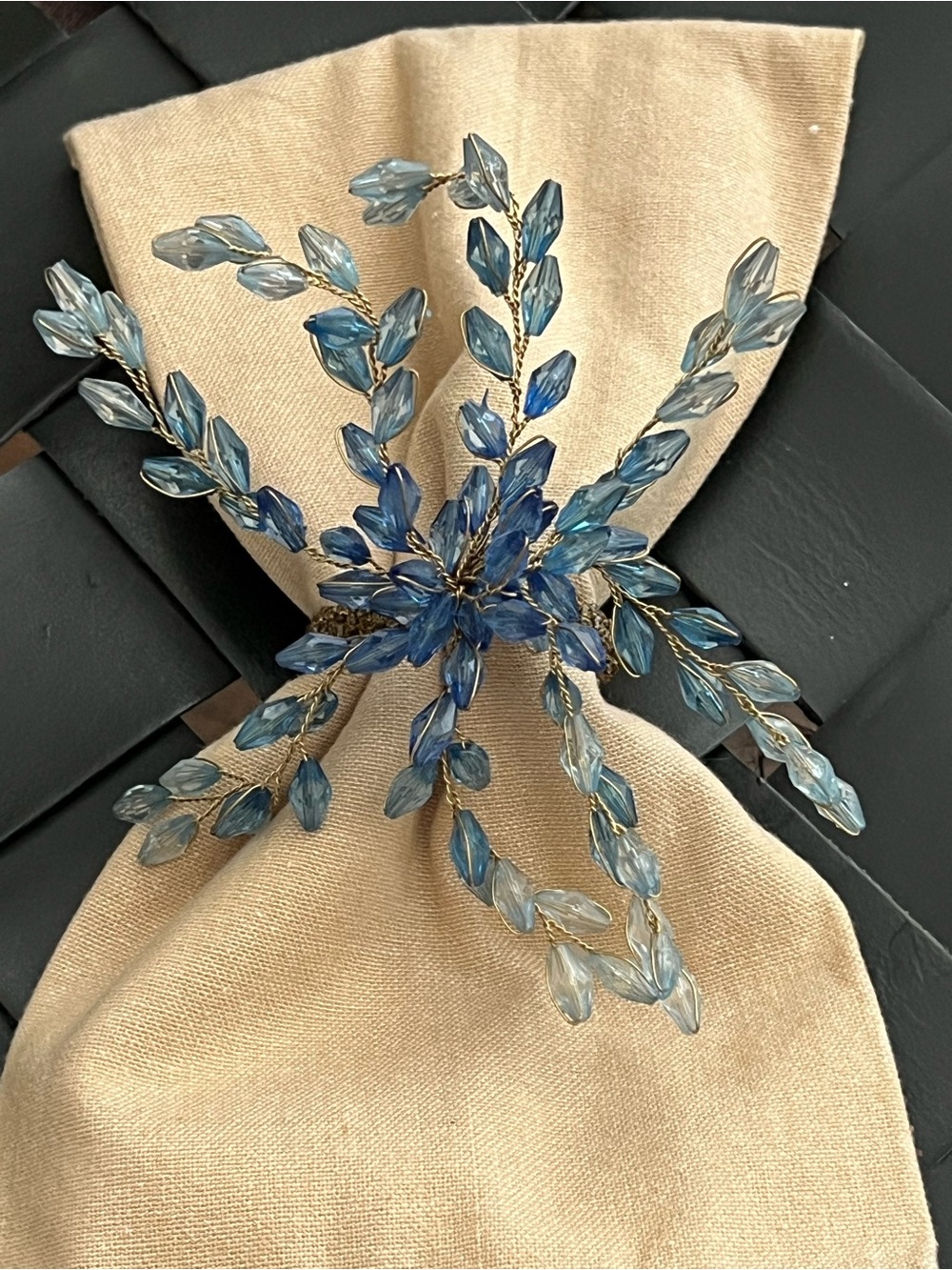 Pier 1 Imports Blue Beaded Floral Napkin Rings Set of 4 New